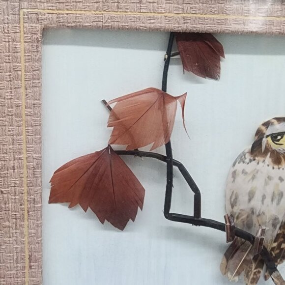 Vintage Bird Eagle Art Shadow Box Feathers Leaves Wooden Frame Nature Scene - Picture 3 of 12